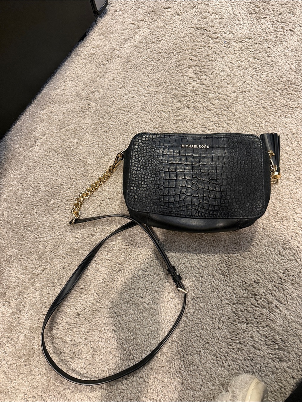 Michael Kors Black Croc-Embossed Crossbody with Gold Chain Accent